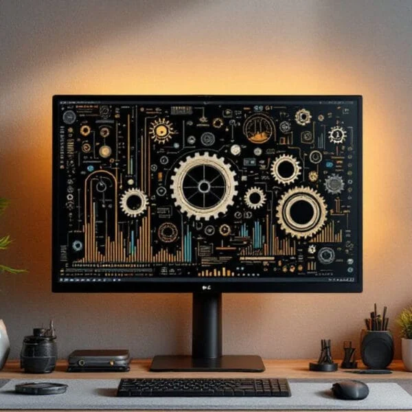 Computerdesk and monitor with cogs