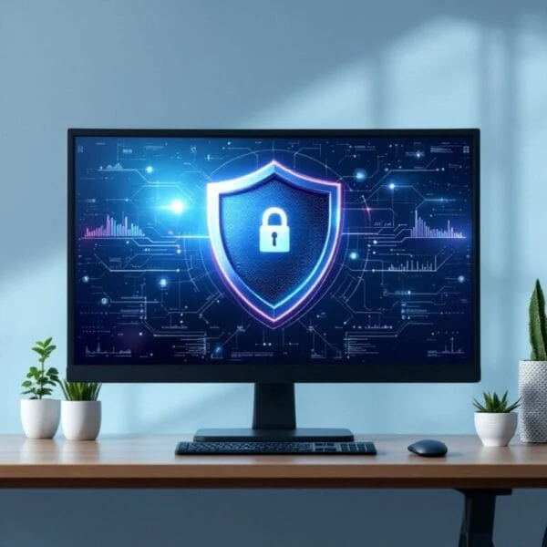 a desk with a monitor that is showing a big shield to show security