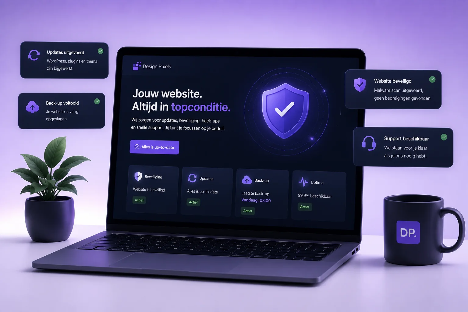 Websitebeheer-dashboard met updates, back-ups, beveiliging en monitoring