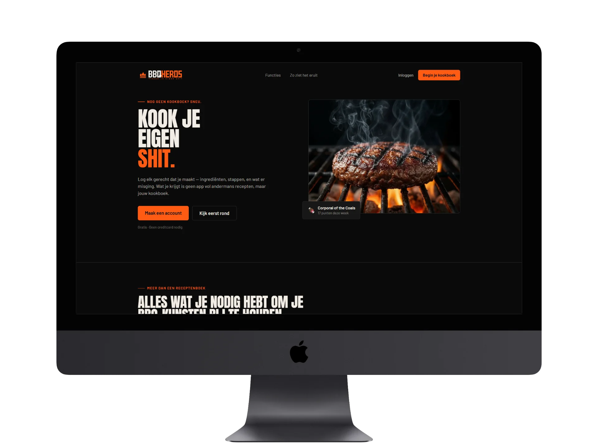 BBQHeros homepage met hero-sectie, functies en rangensysteem