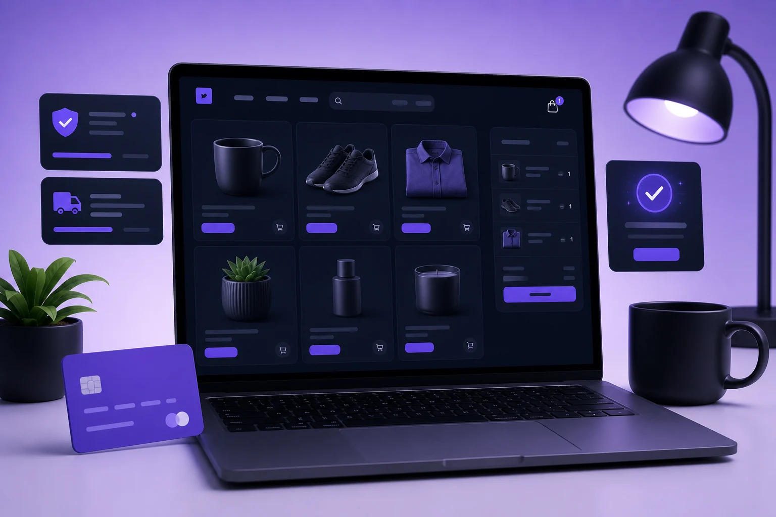 Een webshop op een laptop en telefoon, met productoverzicht en winkelwagen