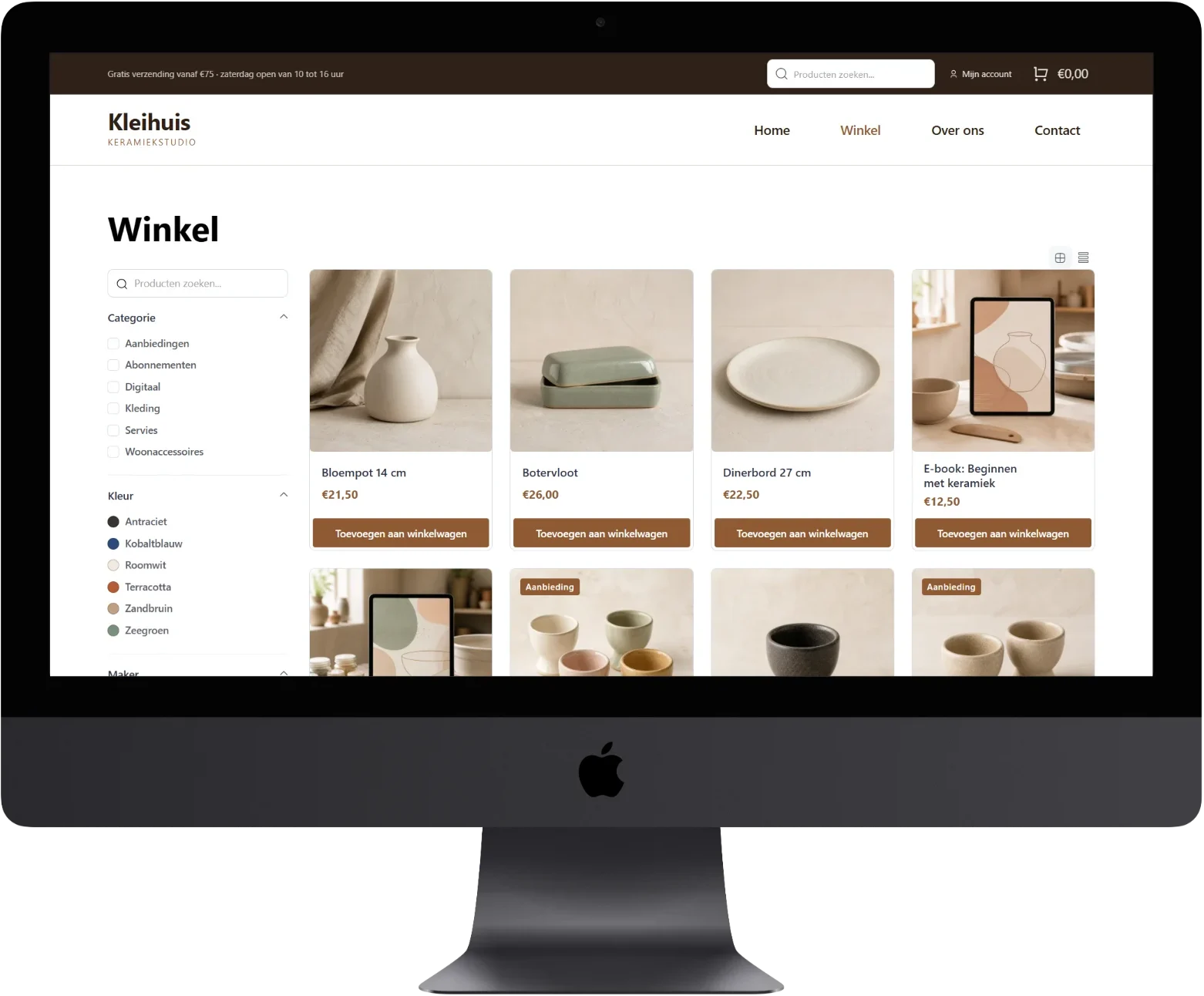 Winkelpagina van demowinkel Kleihuis op een beeldscherm, met filters op categorie en kleur en een raster van keramiekproducten